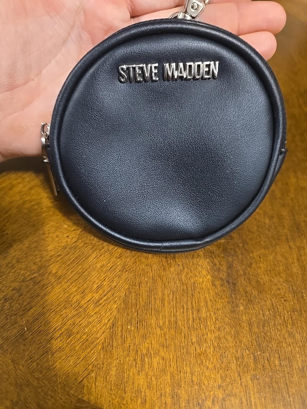 Steve Madden Black Round Leather Coin Case with Metal Logo